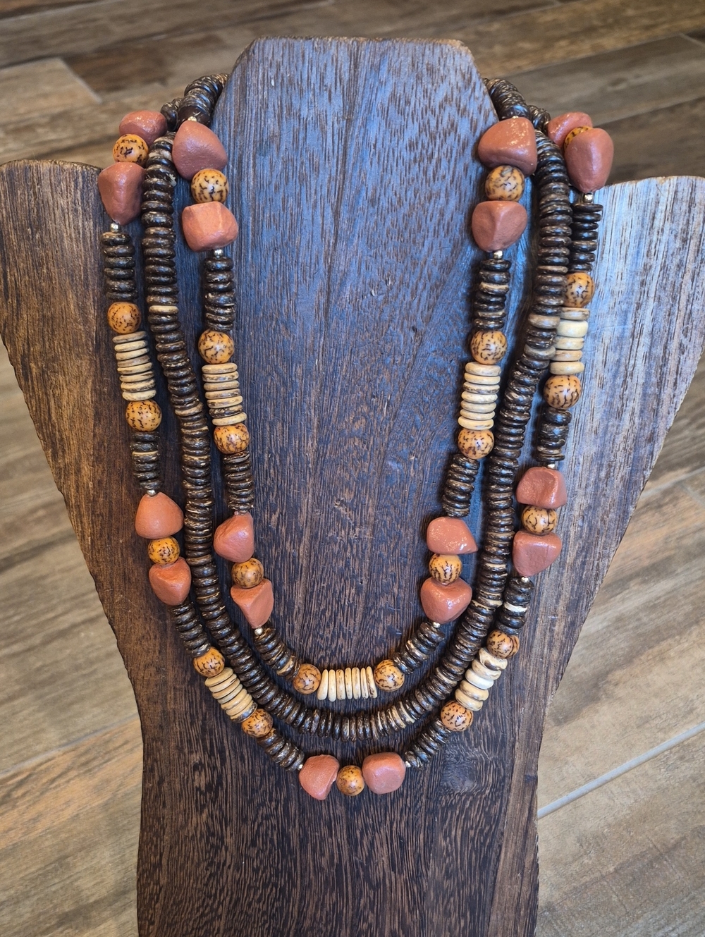 Vtg Artisan Handcrafted Triple Strand Earth Tone Beaded Necklace, Hook Closure